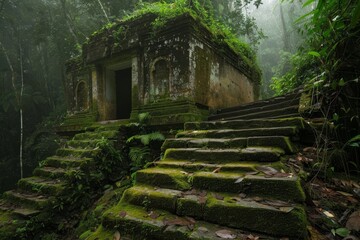 Mysterious ancient temple in lush jungle