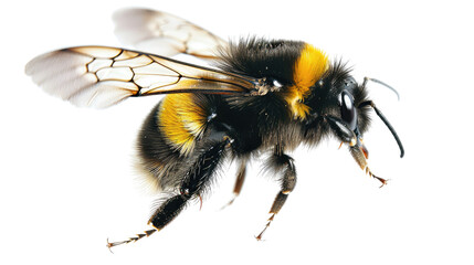 This is a photo of a bee. The bee is black and yellow and has a long proboscis. It is flying in mid-air in isolated on transparent background