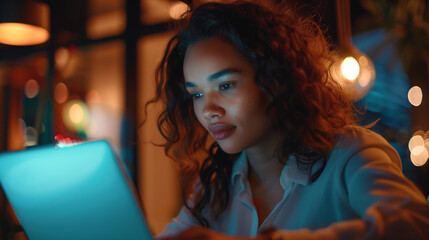 Businesswoman Typing on Laptop with Confidence: Symbolizing Productivity and Efficiency in Remote Work