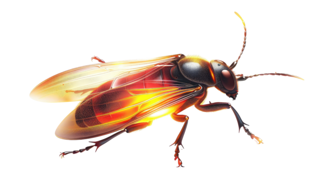 The image shows a realistic illustration of a bioluminescent beetle in isolated on transparent background