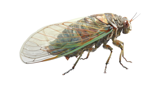 A beautiful cicada with transparent wings in isolated on transparent background