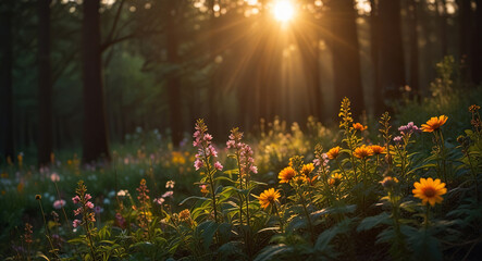 Obraz premium Flowers in a forest background, spring time sunset or sunrise in forest