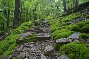 Moss carpets the boulder's silent ascent.
