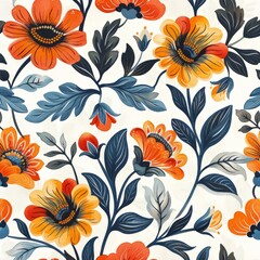 a close up of a floral pattern with orange flowers and green leaves