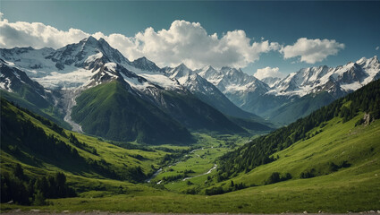 Fototapeta premium A majestic mountain range, with snow-capped peaks and lush green valleys, Generative AI