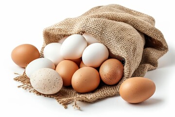 three eggs are sitting on a burlock cloth on a white surface