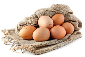 three eggs are sitting on a burlock cloth on a white surface