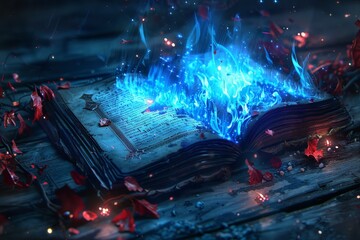 there is a book with a blue flame on it sitting on a table