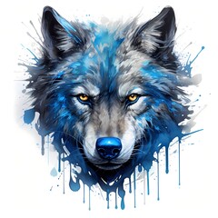 Blue wolf. Tribal wolf clipart. Watercolor illustration. Generative AI. Detailed illustration.