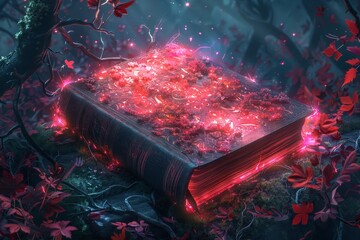 there is a book with a glowing cover sitting on a tree