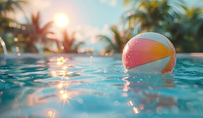 a beach ball in the water with a beach  in the background. Generative AI