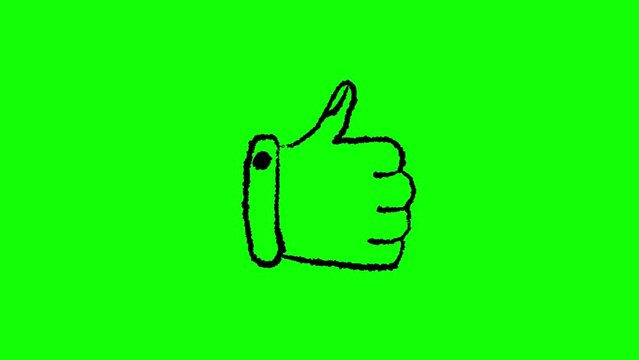 Hand drawn thump up frame by frame animation on chroma key green screen background.