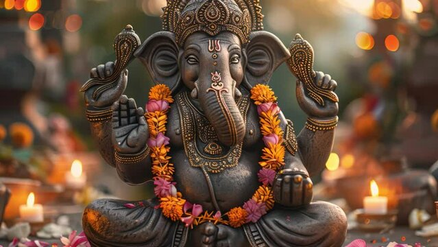 Lively Ganesha Surrounded by lights, diyas and decorations. It emphasizes their role in Hindu religious celebrations.