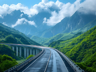 A long, empty highway winds through a valley between mountains.