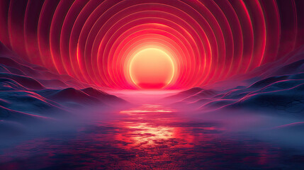 Illustration of landscape with red and yellow sun in the center of a large, circular, red and purple sky