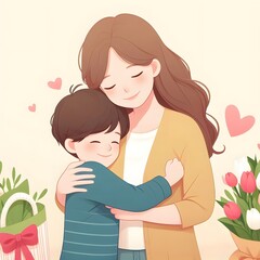 Happy Mother's Day greeting card with mother and son. Vector illustration generated by ai