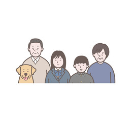 笑顔の両親と学生と犬のいる5人家族の上半身イラスト