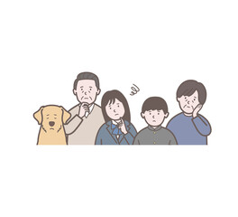 困った表情の両親と学生と犬の5人家族の上半身イラスト