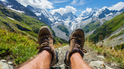 Close-up of male legs wearing hiking shoes in mountains