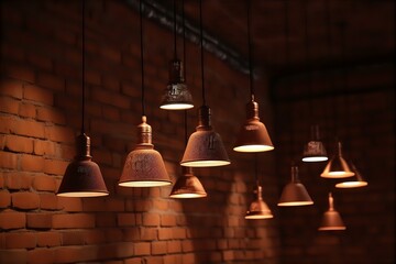Obraz premium pendant lamp, red brick wall, interior design, industrial style, restaurant lighting, vintage pendant lamp