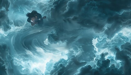 Capture a dramatic, low-angle view of a musician amidst swirling storm clouds, their intense, emotional performance mirroring the thundering skies