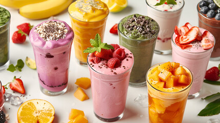 Freshly pressed Fruit juice smoothie with fruits veggie toppings on transparent background ai...