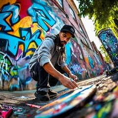 A graffiti artist performing painting in an urban setting