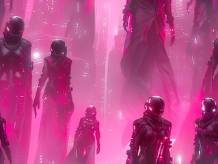 Craft a futuristic cyberpunk fashion runway set amidst towering neon skyscrapers, with models strutting in edgy metallic ensembles under smog-covered skies