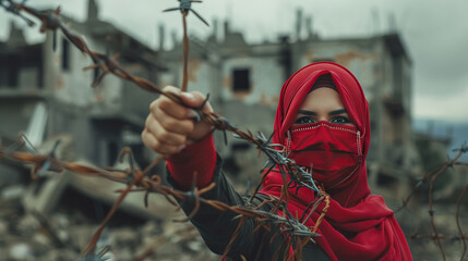 Woman in Hijab Defies Oppression Amidst Building Ruins