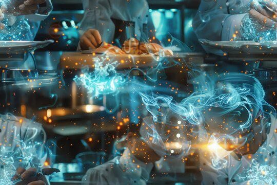 Elevate the digital culinary experience with a worms-eye view of a chef skillfully creating a delicate dessert in a virtual reality setting