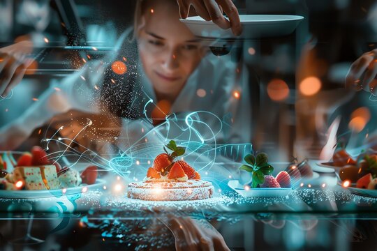 Elevate the digital culinary experience with a worms-eye view of a chef skillfully creating a delicate dessert in a virtual reality setting