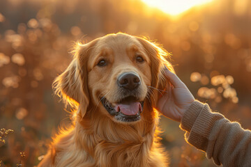Golden retriever dog being petted in the style of human hand. Created with Ai