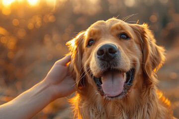 Golden retriever dog with tongue out, being pet in the style of human hand. Created with Ai