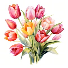 Tulips. Bouquet of tulips. Spring flowers clipart. Watercolor illustration. Generative AI. Detailed illustration.