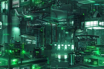 Illustrate a futuristic cybernetic laboratory echoing with sinister green lighting