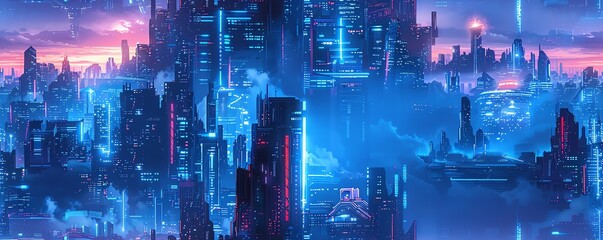 Illustrate a mesmerizing sci-fi cityscape with a wide-angle lens