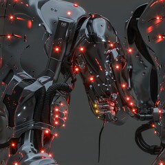 Fototapeta premium Immerse viewers in dystopian dread with a sleek, chrome exoskeleton, ominous red LED lights casting an eerie glow Include intricate wirings for added realism