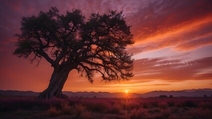 Beautiful sunset over a lonely tree in the meadow field. Nature composition.