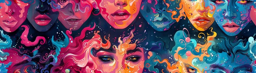 Infuse traditional art with a modern twist by portraying fashion trends through unexpected high-angle views, interspersed with mythical creatures in vibrant watercolor hues