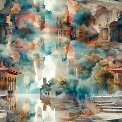 Render a side view of a utopian dreamscape in a captivating blend of traditional watercolor techniques and modern CGI technology