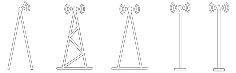 Antenna icon set. Radio antenna icon. Radio tower icons. Communication towers collection. Transmitter receiver wireless signal icons. Vector