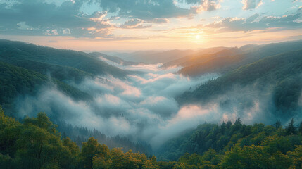  Mist-covered Carpathian Mountains, green forests, and yellow grasslands in the foreground. Created with Ai