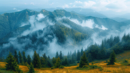 Mystical Carpathian Mountains, foggy hills with pine forests, a panoramic view of mountains and forest in the background. Created with Ai