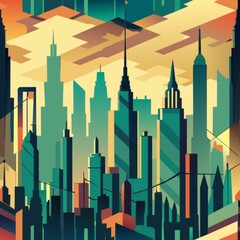 Seamless pattern of towering skyscrapers and city skyline silhouettes, Generative AI