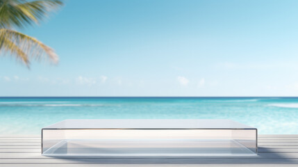 A clear plastic table sits on a wooden deck overlooking the ocean