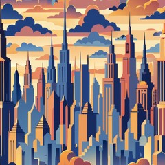 Seamless pattern of towering skyscrapers and city skyline silhouettes, Generative AI