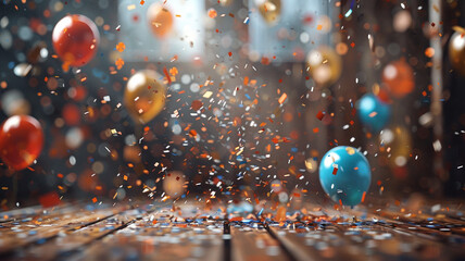 Celebration background with festive balloons and confetti decorations and joyful atmosphere Festive backdrop adorned with cheerful decorations and a joyful ambiance. Celebration, Party, Festive,