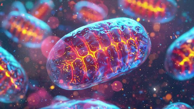 science and education illustration background. mitochondria on a dark blue background- 3d illustration. seamless looping overlay 4k virtual video animation background