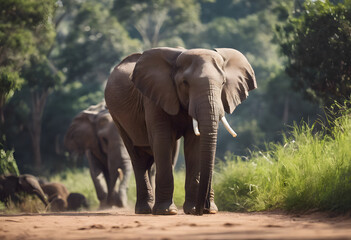 Obraz premium A majestic elephant leads a herd along a dusty path in a lush green forest, showcasing the beauty of wildlife in their natural habitat. World Elephant Day.