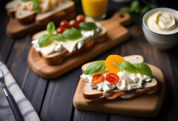 homemade sandwiches with cream cheese on a wooden stand on a black wooden table